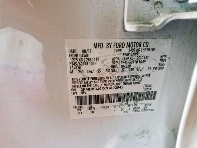 2FMDK3J9XCBA02542 - 2012 FORD EDGE SEL WHITE photo 10