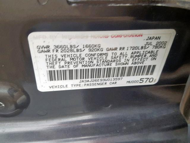 JA3AJ26E93U013597 - 2003 MITSUBISHI LANCER ES GRAY photo 10