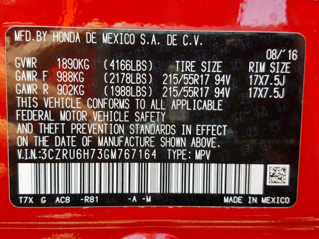 3CZRU6H73GM767164 - 2016 HONDA HR-V EXL RED photo 10