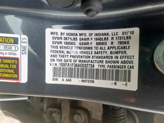 19XFA1F36AE032734 - 2010 HONDA CIVIC VP SILVER photo 10