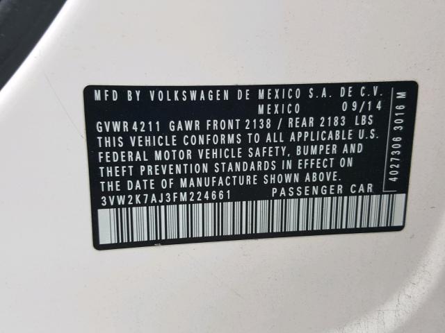 3VW2K7AJ3FM224661 - 2015 VOLKSWAGEN JETTA BASE 白色 照片 10