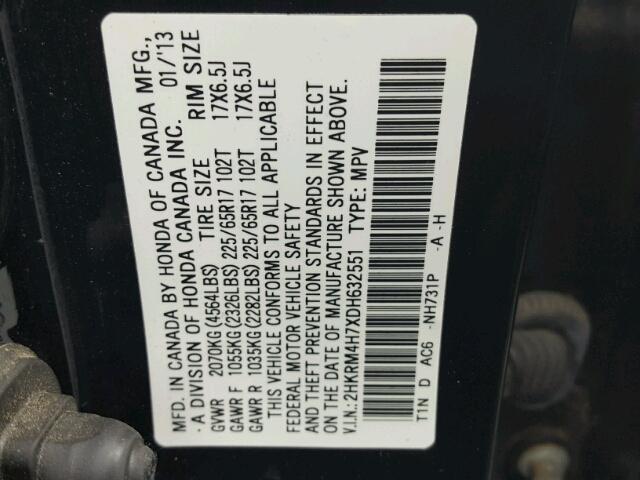 2HKRM4H7XDH632551 - 2013 HONDA CR-V EXL BLACK photo 10