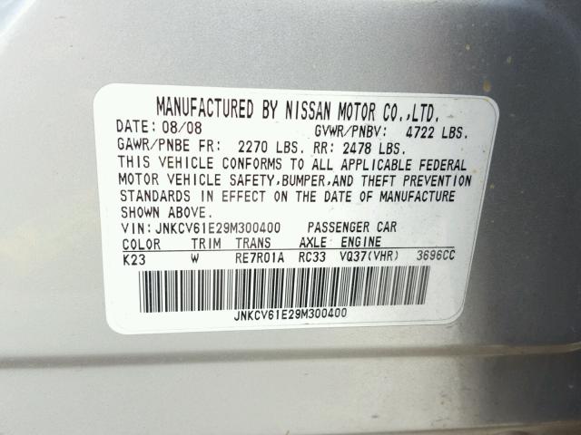 JNKCV61E29M300400 - 2009 INFINITI G37 BASE SILVER photo 10