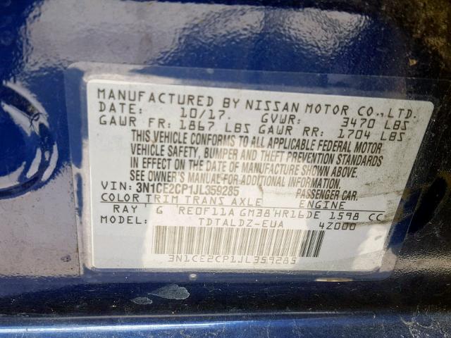 3N1CE2CP1JL359285 - 2018 NISSAN VERSA NOTE BLUE photo 10