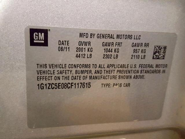 1G1ZC5E08CF117615 - 2012 CHEVROLET MALIBU 1LT 银色 照片 10