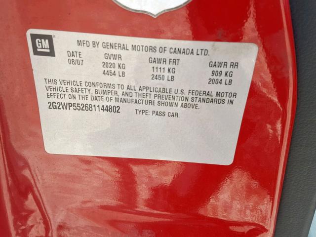2G2WP552681144802 - 2008 PONTIAC GRAND PRIX RED photo 10