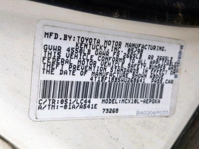 4T1BF18B5WU268641 - 1998 TOYOTA AVALON WHITE photo 10