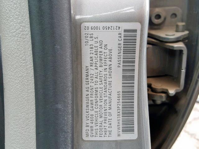 WVWRH63BX3P254665 - 2003 VOLKSWAGEN PASSAT GLX GRAY photo 10