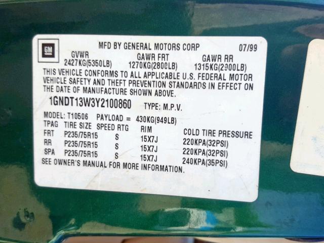 1GNDT13W3Y2100860 - 2000 CHEVROLET BLAZER GREEN photo 10