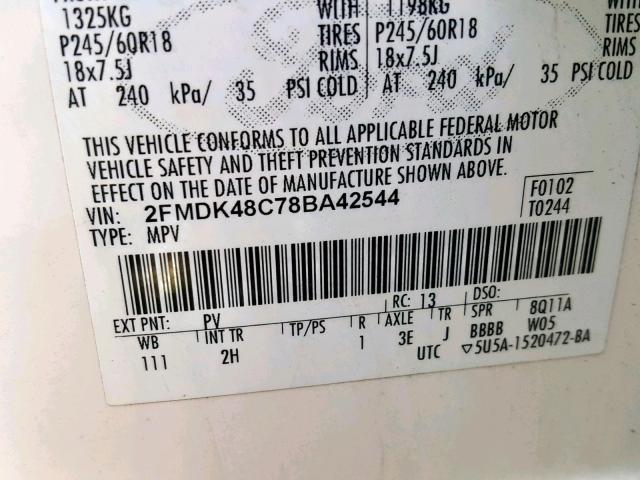 2FMDK48C78BA42544 - 2008 FORD EDGE SEL WHITE photo 10