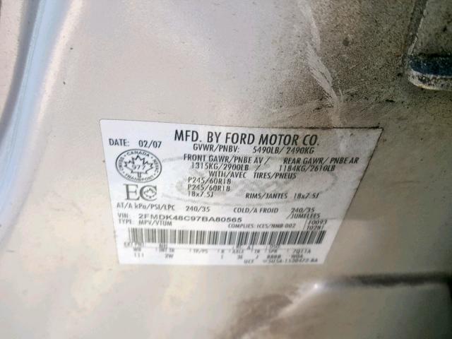 2FMDK48C97BA80565 - 2007 FORD EDGE SEL GRAY photo 10