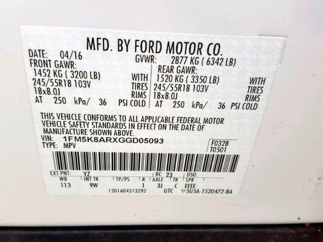 1FM5K8ARXGGD05093 - 2016 FORD EXPLORER P WHITE photo 10