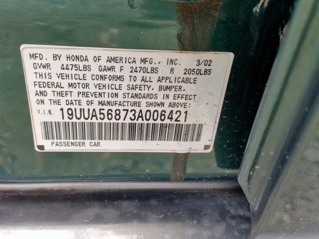 19UUA56873A006421 - 2003 ACURA 3.2TL TYPE GREEN photo 10