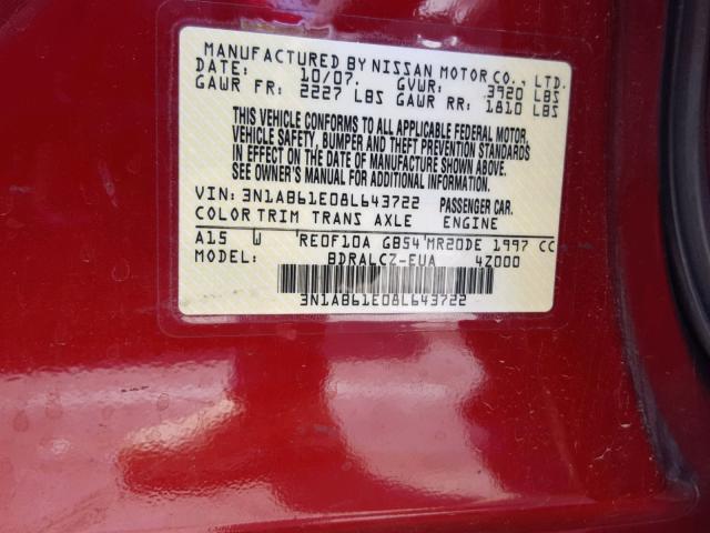 3N1AB61E08L643722 - 2008 NISSAN SENTRA 2.0 RED photo 10