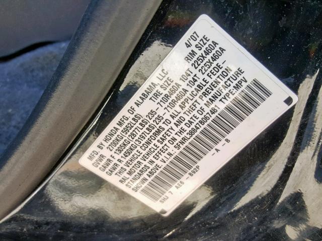 5FNRL38847B067481 - 2007 HONDA ODYSSEY TO BLACK photo 10