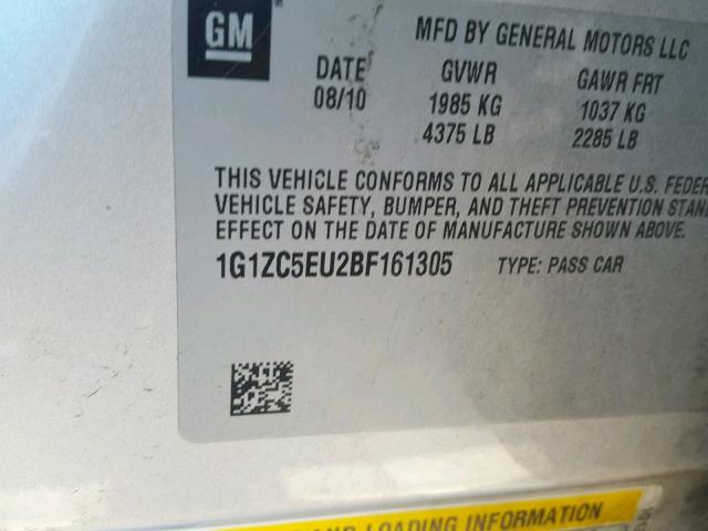 1G1ZC5EU2BF161305 - 2011 CHEVROLET MALIBU 1LT 银色 照片 10