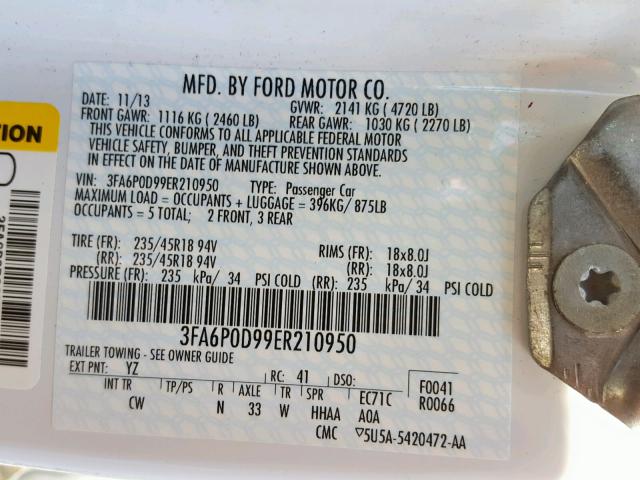 3FA6P0D99ER210950 - 2014 FORD FUSION TIT WHITE photo 10