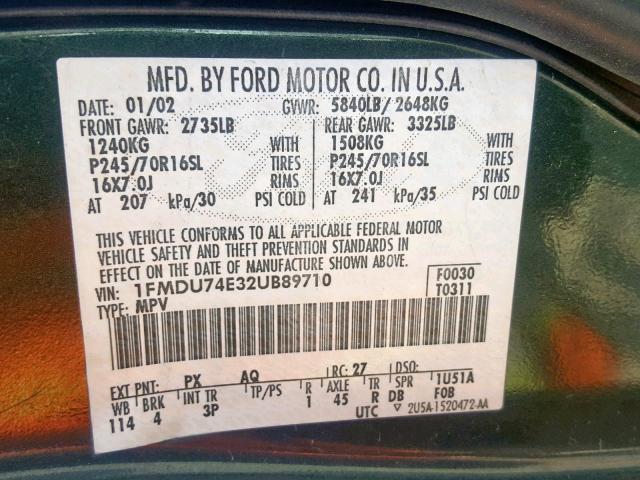 1FMDU74E32UB89710 - 2002 FORD EXPLORER E GREEN photo 10