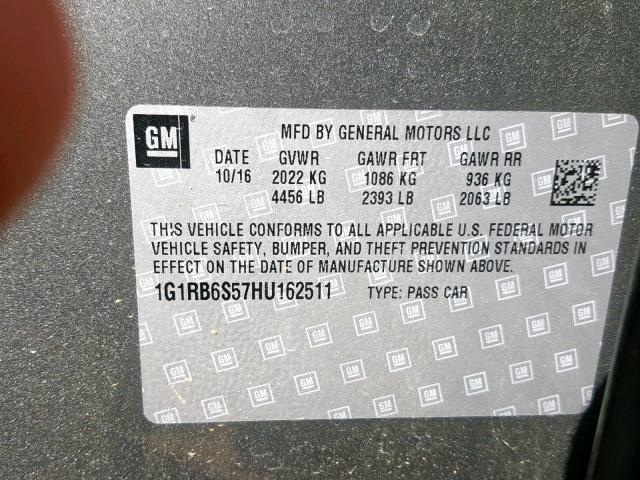 1G1RB6S57HU162511 - 2017 CHEVROLET VOLT PREMI GRAY photo 10