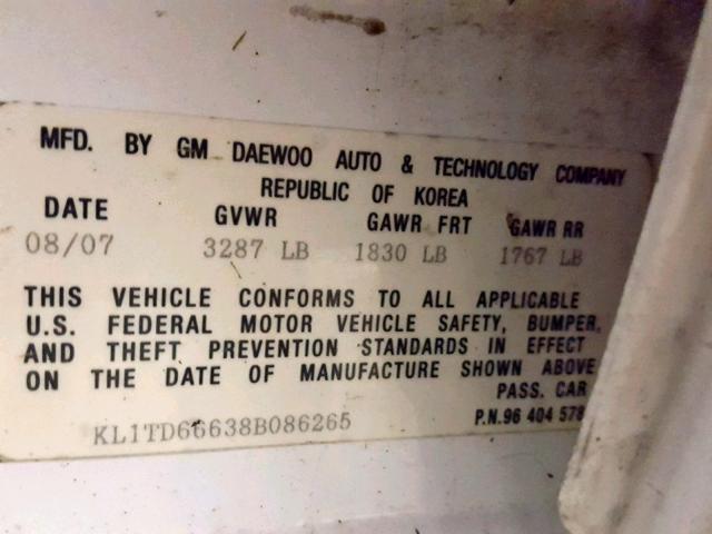 KL1TD66638B086265 - 2008 CHEVROLET AVEO BASE Ağ foto 10
