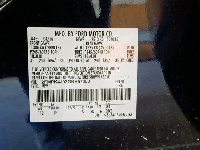 2FMPK4J92GBB57353 - 2016 FORD EDGE SEL BLUE photo 10