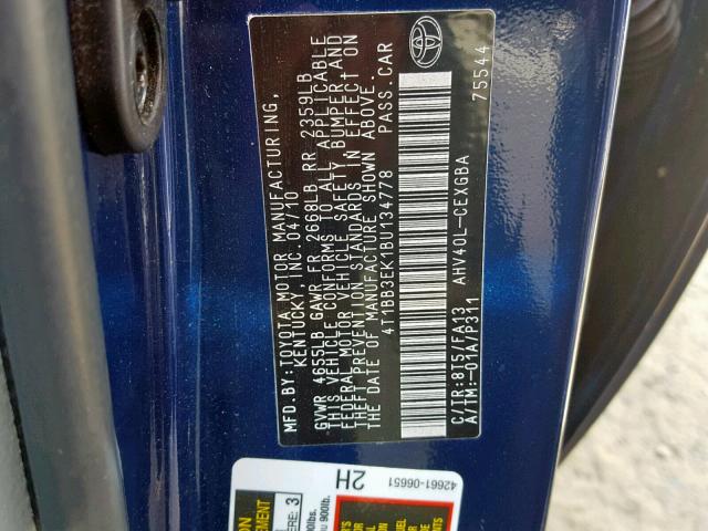 4T1BB3EK1BU134778 - 2011 TOYOTA CAMRY HYBR BLUE photo 10