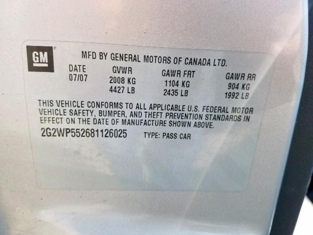 2G2WP552681126025 - 2008 PONTIAC GRAND PRIX SILVER photo 10