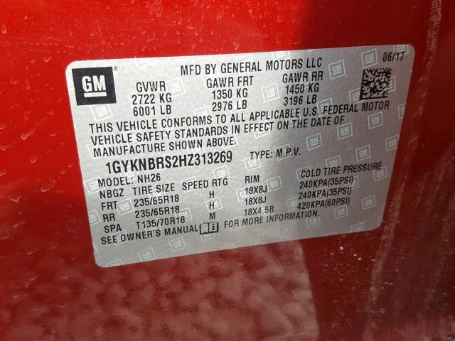 1GYKNBRS2HZ313269 - 2017 CADILLAC XT5 LUXURY RED photo 10