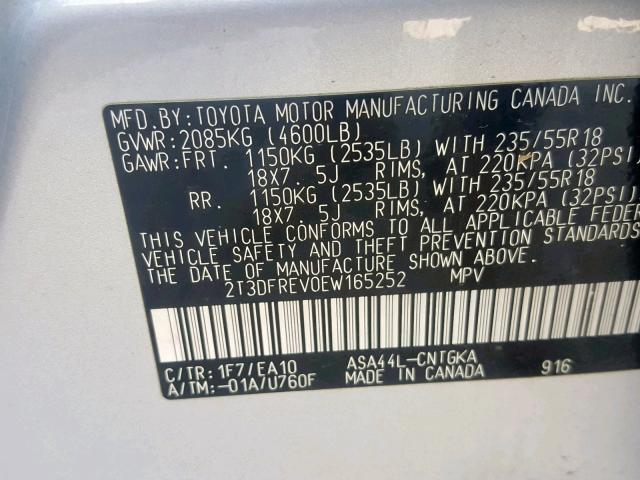 2T3DFREV0EW165252 - 2014 TOYOTA RAV4 LIMIT SILVER photo 10