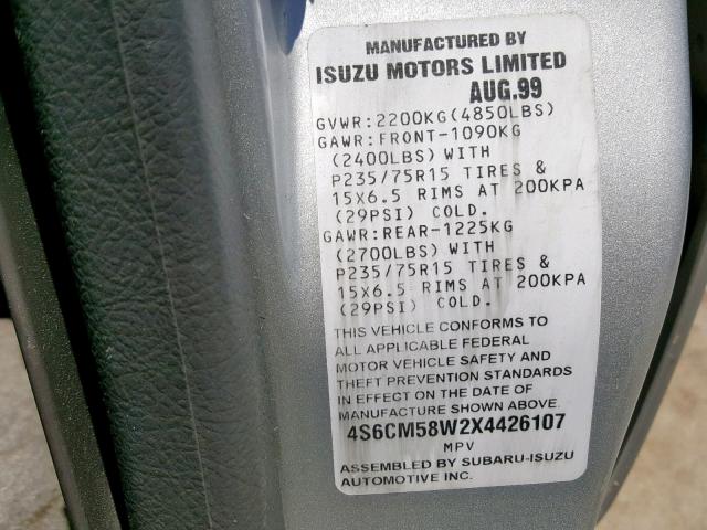 4S6CM58W2X4426107 - 1999 HONDA PASSPORT E ვერცხლისფერი ფოტო 10