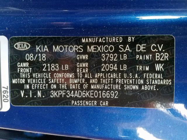 3KPF34AD6KE016692 - 2019 KIA FORTE GT L BLUE photo 10