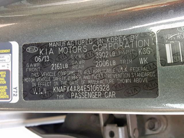 KNAFX4A84E5106928 - 2014 KIA FORTE EX GRAY photo 10