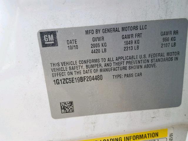 1G1ZC5E19BF204480 - 2011 CHEVROLET MALIBU 1LT 白色 照片 10