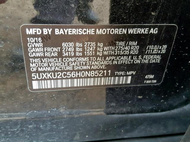 5UXKU2C56H0N85211 - 2017 BMW X6 XDRIVE3 BLACK photo 10