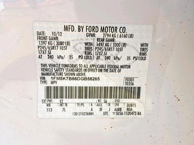 1FM5K7B86DGB58265 - 2013 FORD EXPLORER WHITE photo 10