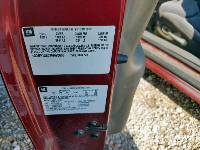 1G2NF12E51M628668 - 2001 PONTIAC GRAND AM S RED photo 10