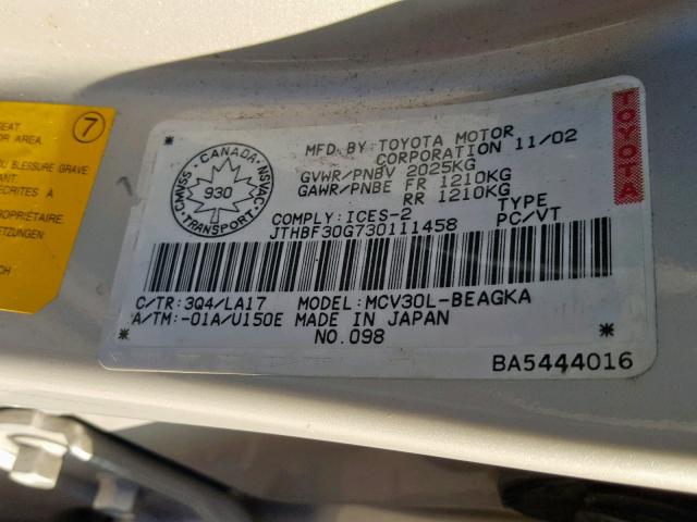 JTHBF30G730111458 - 2003 LEXUS ES 300 GRAY photo 10