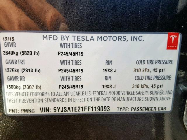 5YJSA1E21FF119093 - 2015 TESLA MODEL S SILVER photo 10