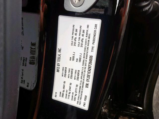 5YJ3E1EA2KF394806 - 2019 TESLA MODEL 3 BLACK photo 10