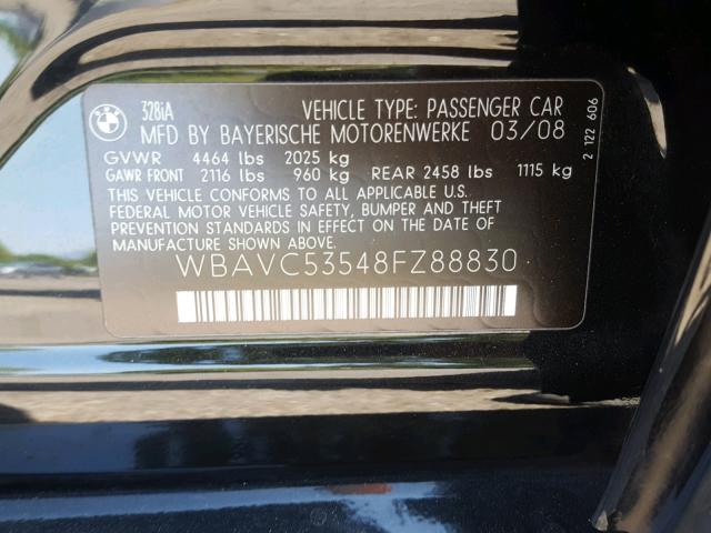 WBAVC53548FZ88830 - 2008 BMW 328 I SULE BLACK photo 10