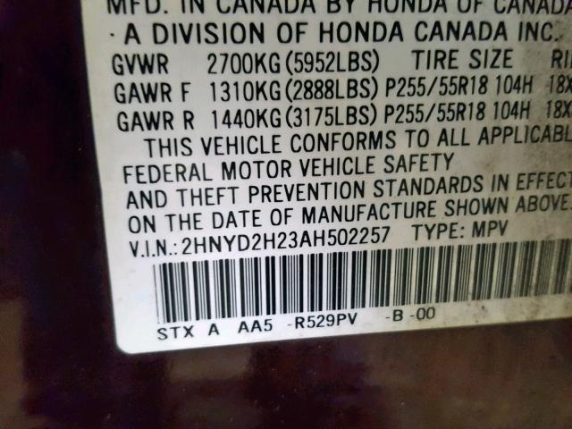 2HNYD2H23AH502257 - 2010 ACURA MDX MAROON photo 10