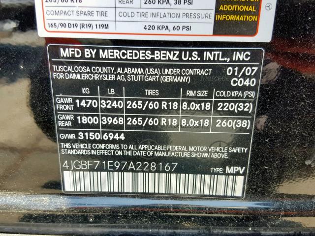 4JGBF71E97A228167 - 2007 MERCEDES-BENZ GL 450 4MA BLACK photo 10