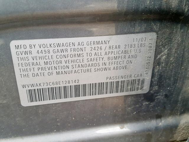 WVWAK73C68E128142 - 2008 VOLKSWAGEN PASSAT KOM GRAY photo 10