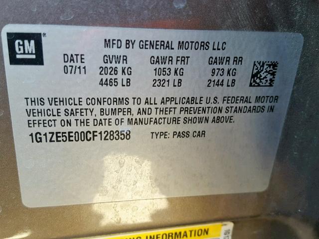 1G1ZE5E00CF128358 - 2012 CHEVROLET MALIBU LTZ 棕色 照片 10