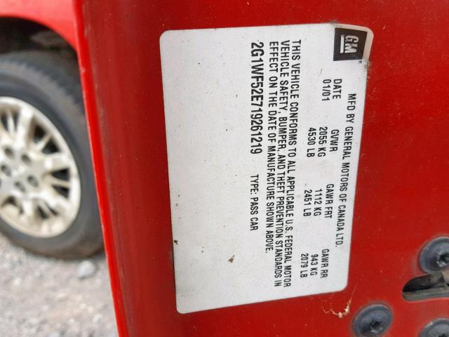 2G1WF52E719261219 - 2001 CHEVROLET IMPALA RED photo 10