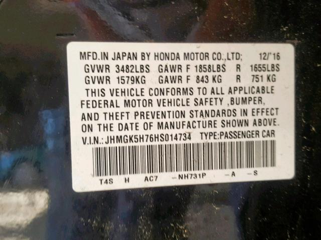 JHMGK5H76HS014734 - 2017 HONDA FIT EX BLACK photo 10