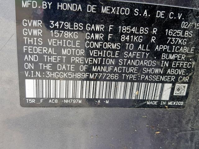 3HGGK5H89FM777266 - 2015 HONDA FIT EX GRAY photo 10