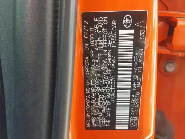 JTDKDTB37C1008567 - 2012 TOYOTA PRIUS C ORANGE photo 10