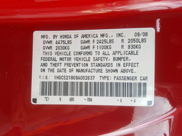 1HGCS21809A002637 - 2009 HONDA ACCORD EXL RED photo 10