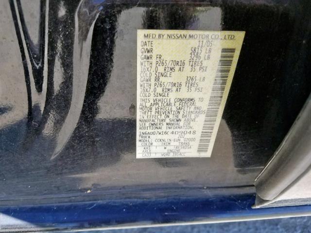 1N6AD07W16C409048 - 2006 NISSAN FRONTIER C BLACK photo 10